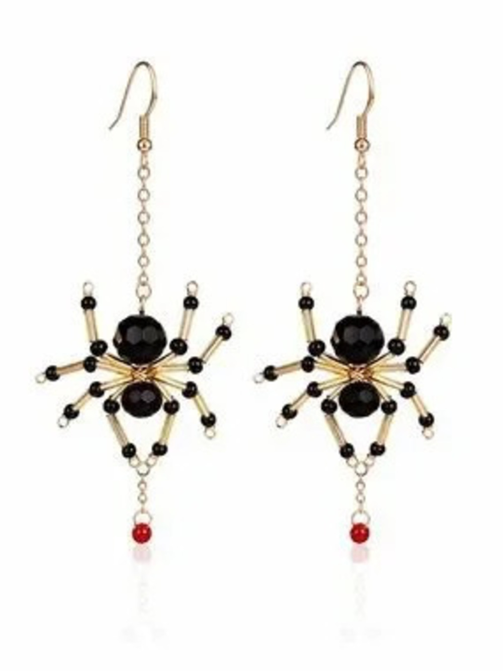 Gold and Black Beaded Spider Dangle Earrings